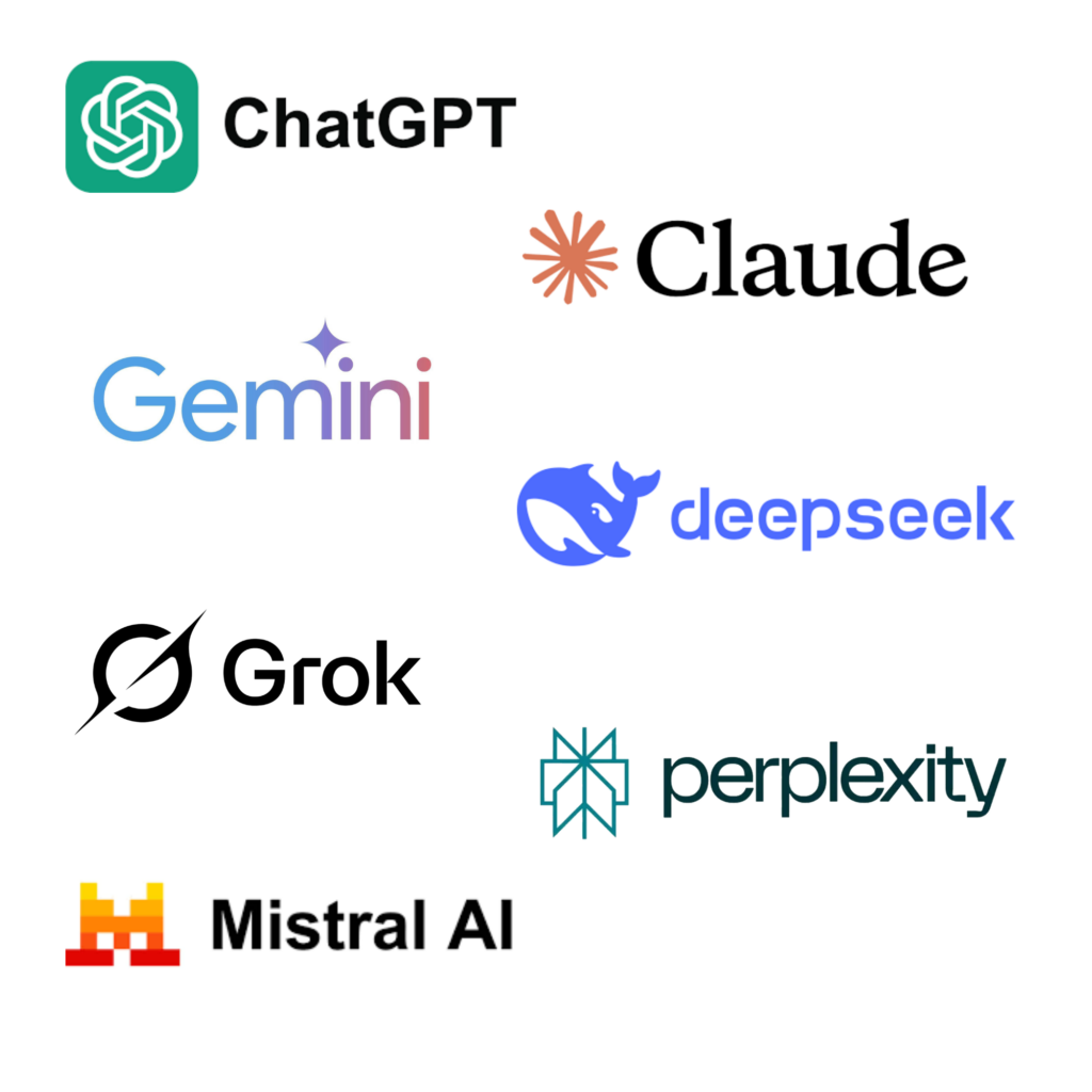 Image de 7 logos d'IA : ChatGPT, Claude, Gemini, Deepseek, Grok, Perplexity et Mistral AI.