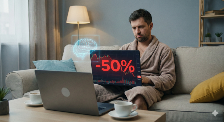 Homme confiné en peignoir, l'air abattu sur son canapé devant son ordinateur qui affiche une perte de -50% sur ses investissements cryptos. Un hologramme de cerveau (IA) flotte au-dessus de l'écran pour analyser ce krach financier
