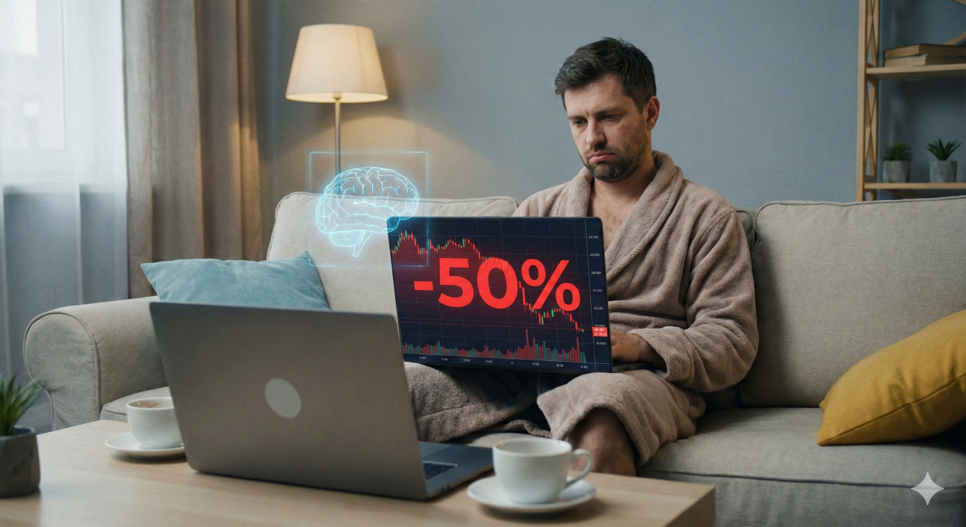 Homme en peignoir sur un canapé, l'air accablé devant son ordinateur affichant une perte de -50% sur un graphique financier rouge. Un hologramme de cerveau (IA) flotte au-dessus de l'écran, illustrant l'analyse technologique du crash.