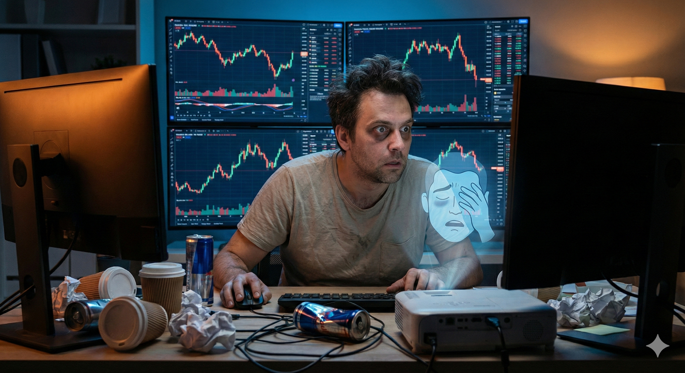Investissement crypto : investisseur épuisé par le trading compulsif devant ses écrans de graphiques boursiers