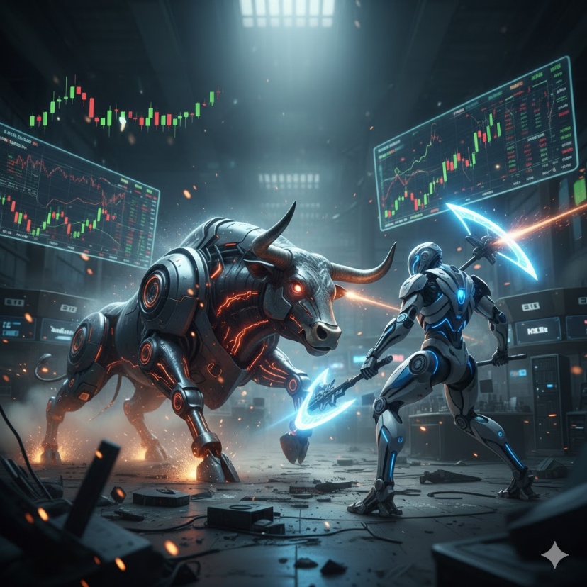 Illustration cinématographique et futuriste d'un duel entre un taureau mécanique massif, symbole du marché haussier, et un guerrier androïde dans une salle de marché high-tech remplie de graphiques boursiers holographiques.