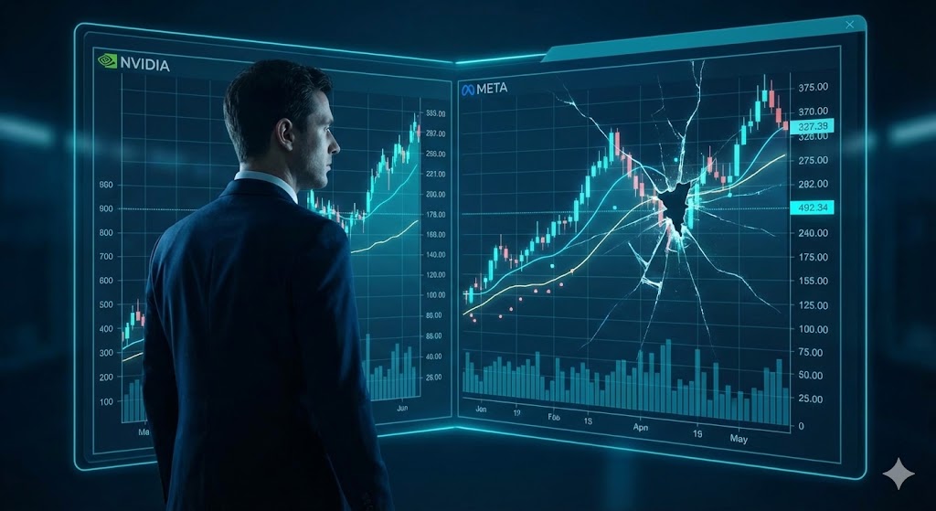 Un analyste financier de dos observant des graphiques boursiers holographiques pour Nvidia et Meta. Une fissure numérique au centre de l'écran de Meta symbolise la détection d'une anomalie ou d'une erreur de l'IA.
