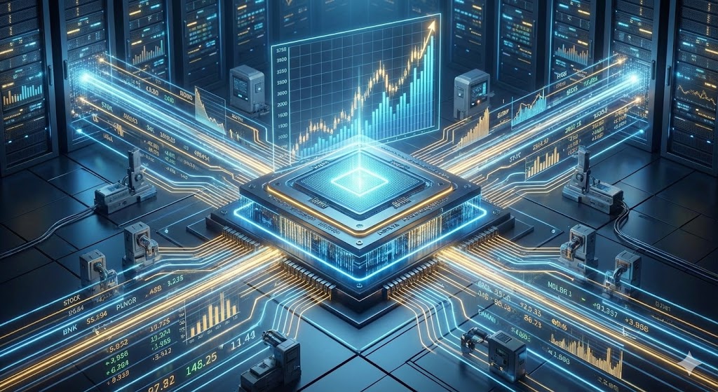 Vue panoramique d'un processeur central ultra-moderne dans une salle de serveurs, entouré de flux de données financiers et de graphiques boursiers holographiques illustrant l'efficience totale des marchés en 2030.