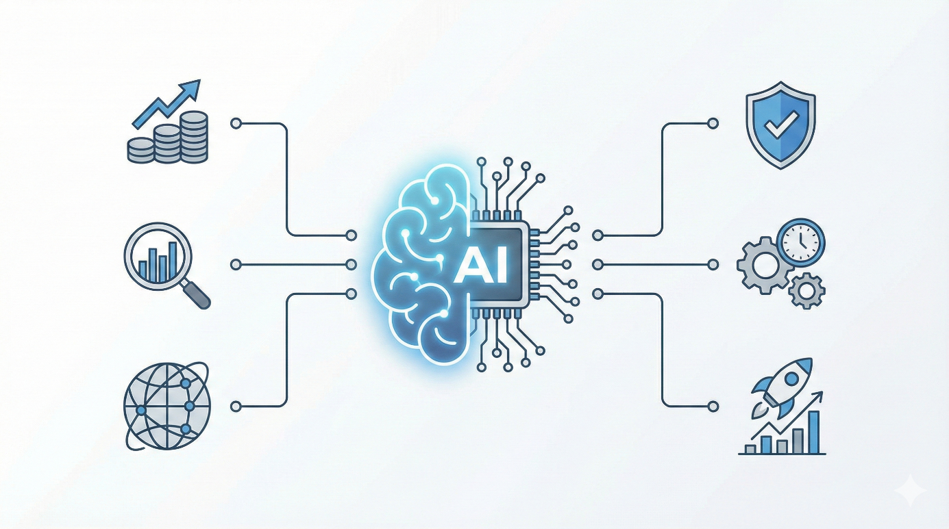 Schéma conceptuel d'un cerveau numérique (IA) connecté à différents piliers financiers : croissance des actifs, analyse de graphiques, connectivité mondiale, sécurité/protection, gestion du temps et accélération des rendements