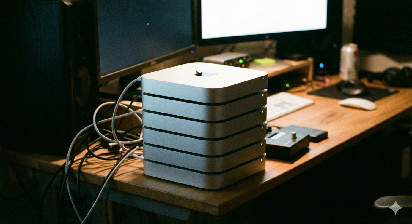 Série de six ordinateurs Mac Mini empilés sur un bureau en bois, illustrant la puissance matérielle nécessaire pour faire tourner des agents IA autonomes comme OpenClaw 24h/24