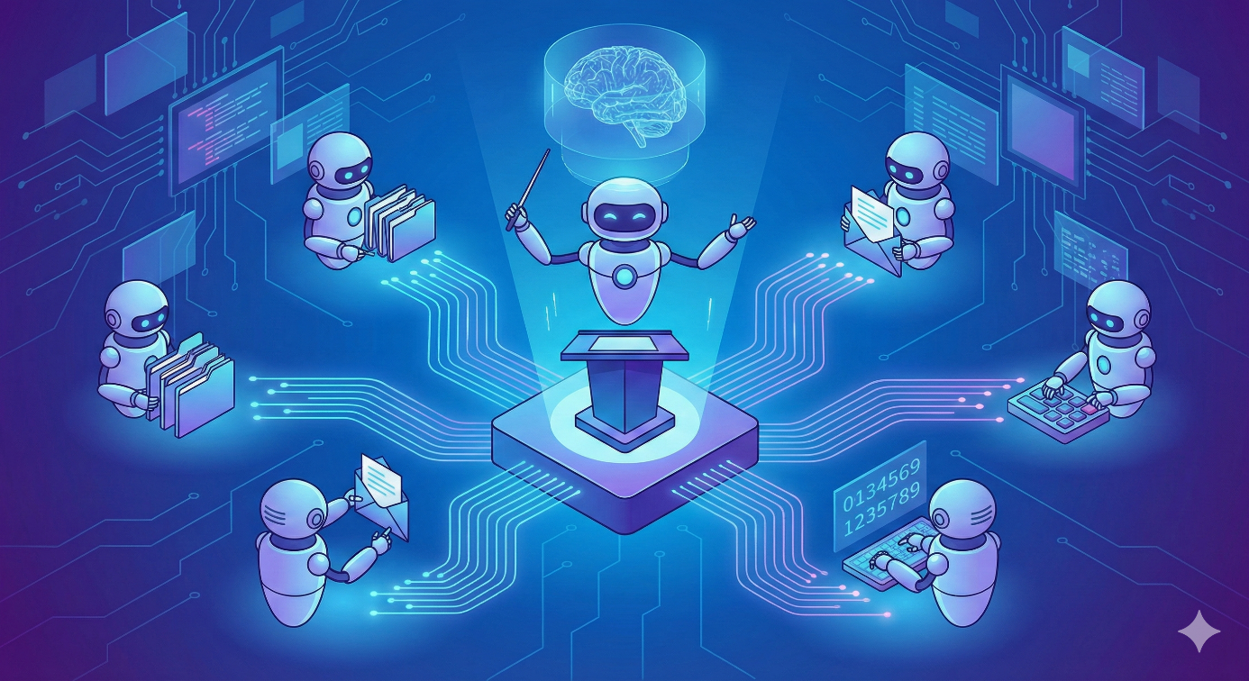 Illustration conceptuelle d'un robot central agissant comme un chef d'orchestre pour diriger plusieurs sous-agents IA effectuant des tâches de bureau, de tri d'emails et de saisie de données