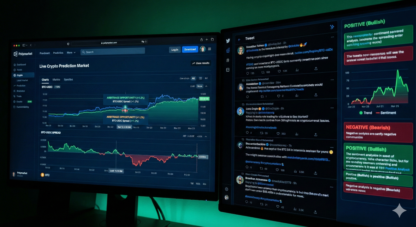 Capture d'écran d'un moniteur affichant des graphiques d'opportunités d'arbitrage sur Polymarket et une analyse de sentiment en temps réel sur les réseaux sociaux effectuée par une IA