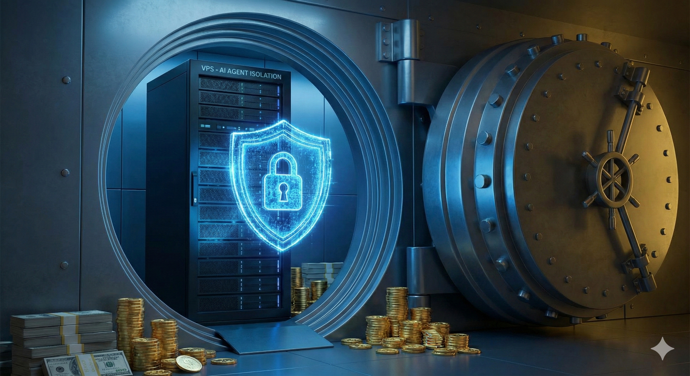 Un serveur informatique VPS protégé par un bouclier numérique bleu à l'intérieur d'une chambre forte de banque, symbolisant la sécurisation et l'isolation des agents IA