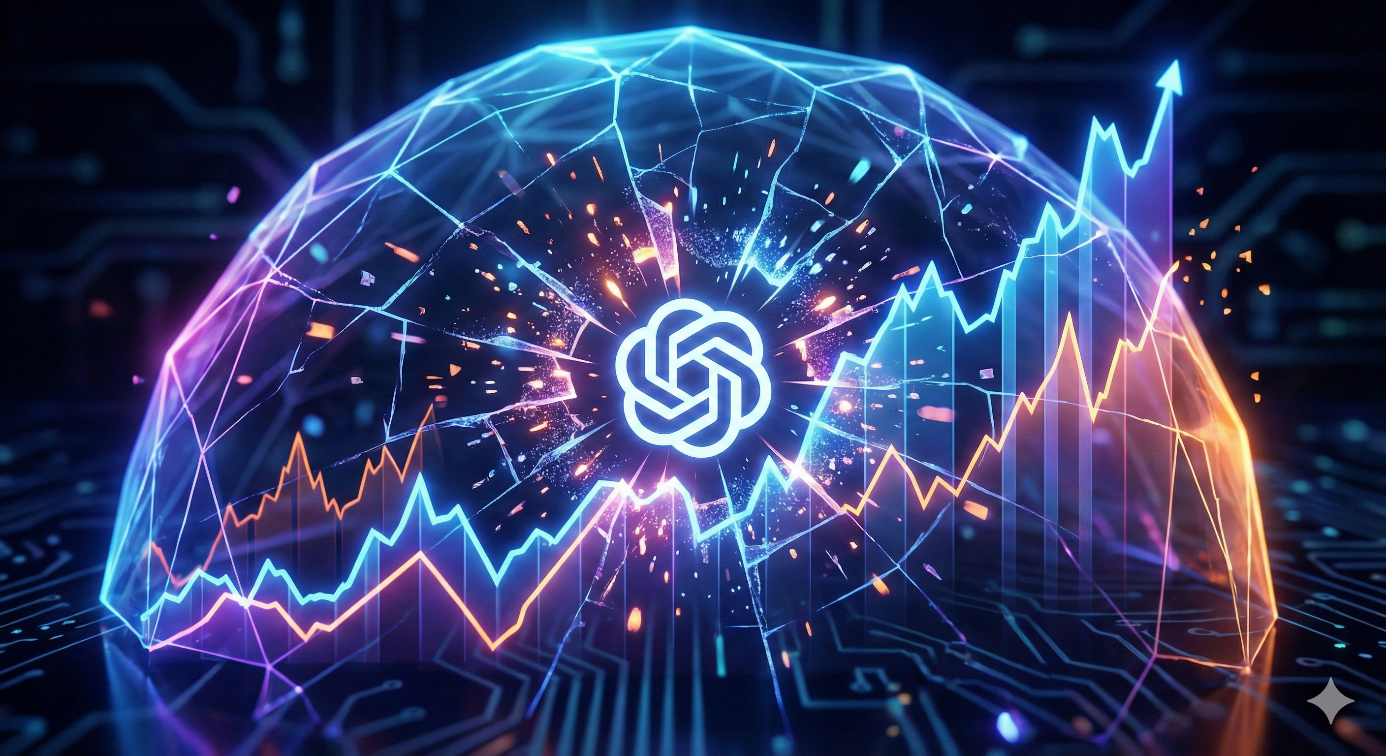 OpenAI IPO – Illustration conceptuelle d'une bulle financière technologique. Au centre, le logo d'OpenAI brille d'une lueur néon bleue à l'intérieur d'un dôme en verre qui se fissure sous la pression. Un graphique boursier orange et bleu en hausse exponentielle entoure le dôme, le tout sur un fond sombre de circuits électroniques avec des étincelles suggérant une explosion imminente.