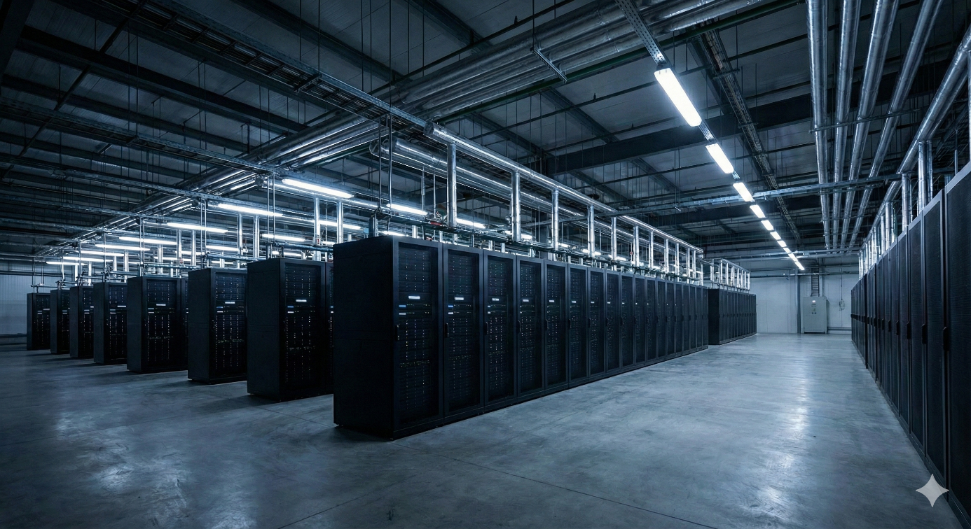Vue intérieure d'un immense centre de données industriel et froid. Des rangées infinies de baies de serveurs noires sont alignées sous un éclairage fluorescent blafard et des structures de tuyauteries complexes au plafond. L'image illustre la lourdeur et le coût colossal des infrastructures physiques nécessaires au fonctionnement de l'intelligence artificielle générative.