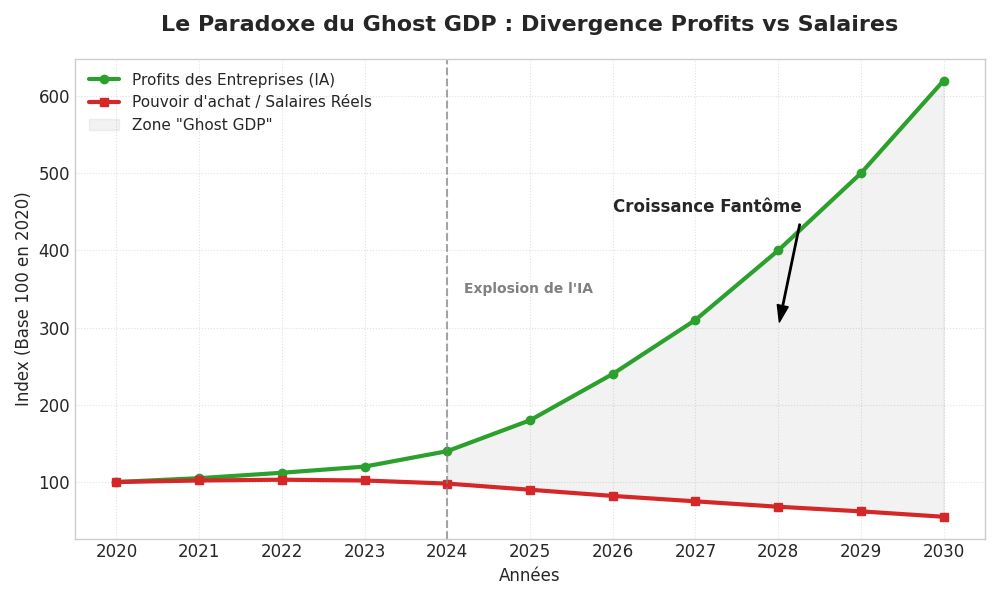 Citrini Research – Un graphique intitulé "Le Paradoxe du Ghost GDP : Divergence Profits vs Salaires". L'axe horizontal affiche les années de 2020 à 2030. L'axe vertical montre un indice base 100. Deux courbes partent du même point en 2020. À partir de 2024, une ligne verticale marque "l'Explosion de l'IA". Après ce point, la courbe verte (Profits) grimpe verticalement pour atteindre l'indice 600, tandis que la courbe rouge (Pouvoir d'achat) chute pour tomber sous l'indice 60 en 2030. L'espace entre les deux courbes est grisé pour illustrer la zone de "Croissance Fantôme", indiquant que la richesse produite ne profite plus aux salariés.
