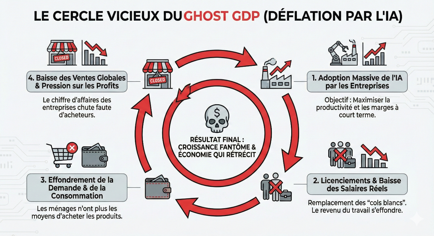 Schéma circulaire expliquant le cercle vicieux du Ghost GDP : l'adoption de l'IA mène aux licenciements, puis à la baisse de la consommation et enfin à la chute des ventes.
