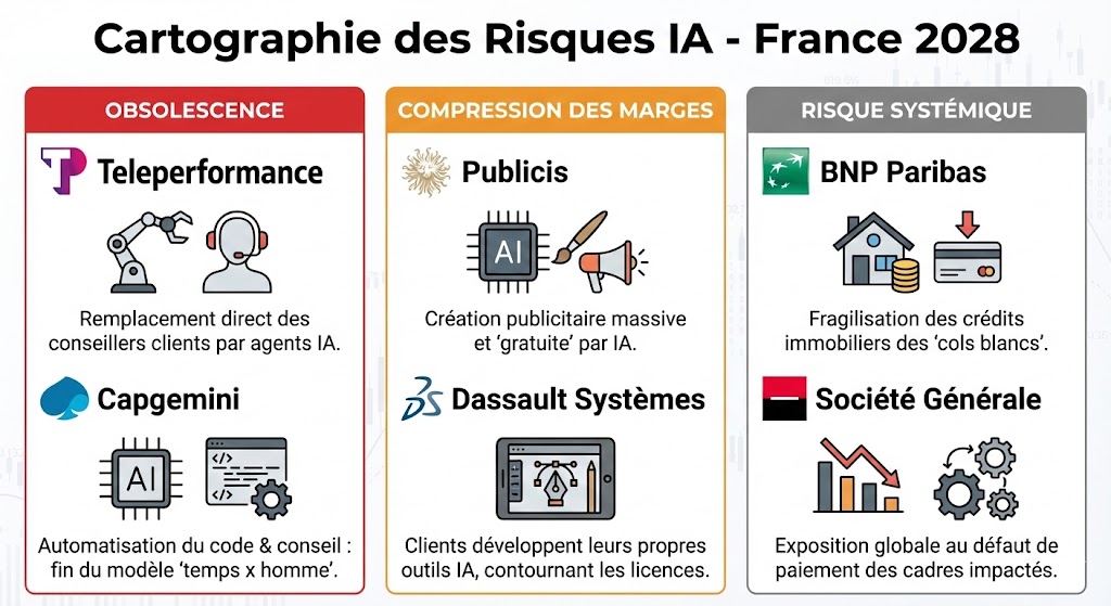 Infographie présentant les risques liés à l'IA pour les entreprises françaises : Teleperformance et Capgemini (obsolescence), Publicis et Dassault Systèmes (marges), banques (risque systémique).