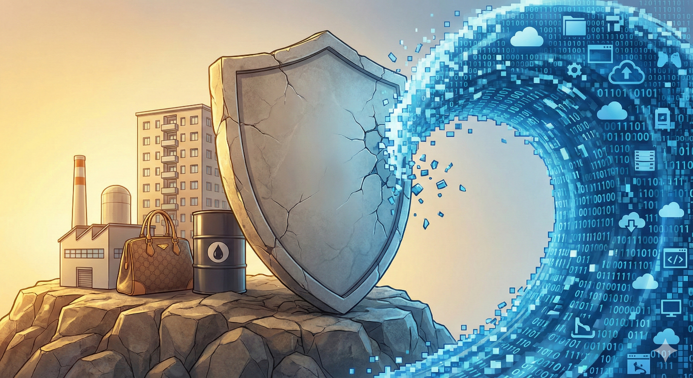 Illustration conceptuelle d'un bouclier protégeant des actifs réels (immobilier, pétrole, luxe, industrie) contre une vague numérique de code et d'intelligence artificielle.