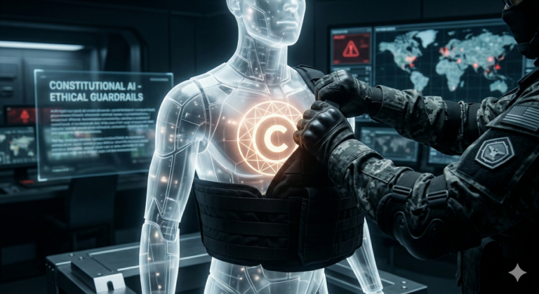 Une silhouette numérique translucide représentant l'IA Claude, avec le logo Anthropic sur la poitrine, se fait enfiler de force un gilet de combat par un militaire en tenue tactique.