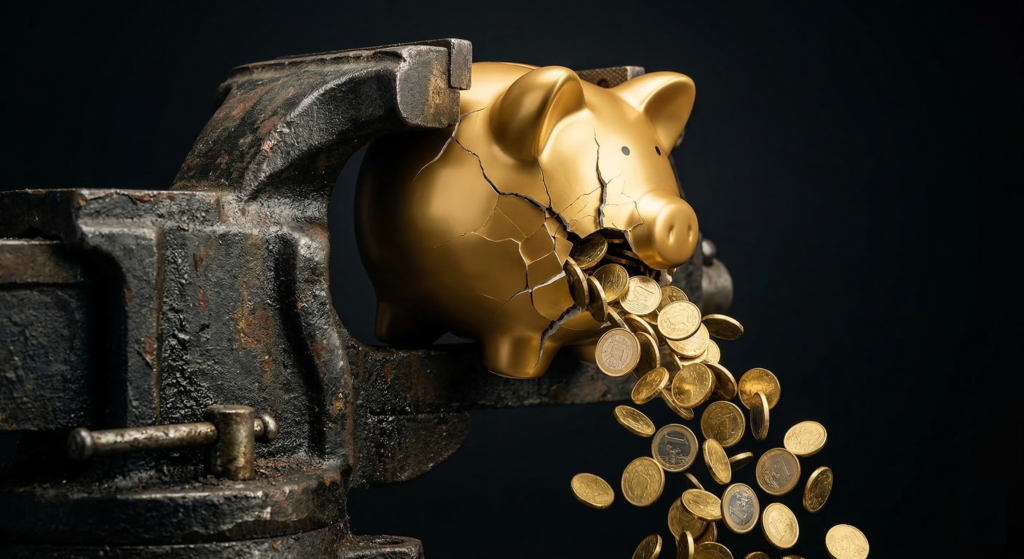 L'image montre une tirelire dorée en forme de cochon, violemment compressée et écrasée par les mâchoires d'un lourd étau industriel en métal sombre et rouillé. Sous l'immense pression, la surface dorée de la tirelire se fissure profondément. De l'une des fractures béantes s'échappe une cascade de pièces d'or (ressemblant à des pièces d'un euro), qui tombent dans le vide vers le bas de l'image. La scène est éclairée par une lumière dramatique sur un fond totalement noir, mettant en valeur le contraste entre l'étau abîmé et la tirelire étincelante. Il s'agit d'une illustration conceptuelle symbolisant la pression financière, fiscale ou la destruction des épargnes.