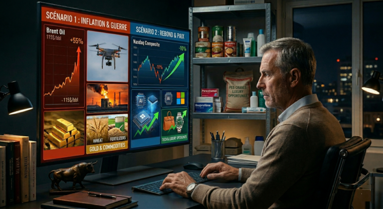 Un investisseur mûr analyse sur un large écran de monitoring deux scénarios financiers face au conflit en Iran : le 'Scénario 1' affiche l'explosion du cours du Brent (+55%), de l'or et des matières premières (blé, engrais) sous une image de drone de combat et d'infrastructures pétrolières en feu. Le 'Scénario 2' anticipe un rebond du Nasdaq et de la Tech/Luxe (IA, Microsoft, Hermès). À côté de l'écran, une étagère de survie contient des boîtes de conserve, du riz et des médicaments, illustrant la dualité entre gestion de portefeuille et préparation au risque réel.