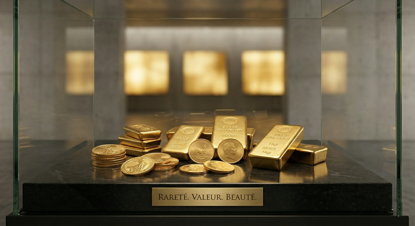 Une collection de lingots d'or de différentes tailles (500g, 1kg, 400oz) et de pièces de monnaie en or (Krugerrand, Britannia) exposée dans une vitrine luxueuse sur un socle en marbre noir. Une plaque dorée à l'avant porte l'inscription "RARETÉ. VALEUR. BEAUTÉ.". Le fond est un coffre-fort moderne et épuré. L'image illustre la détention physique de métaux précieux comme rempart contre l'inflation et la surveillance financière.