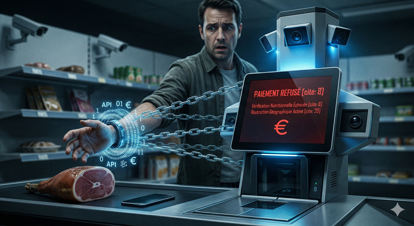 Une illustration numérique montrant un homme à une caisse automatique de supermarché en 2026. Son bras est entravé par des chaînes de code binaire sortant de la borne alors qu'il tente de prendre un jambon. L'écran affiche "PAIEMENT REFUSÉ" en raison d'une vérification nutritionnelle échouée et d'une restriction géographique active, symbolisant le contrôle comportemental de l'Euro Numérique.