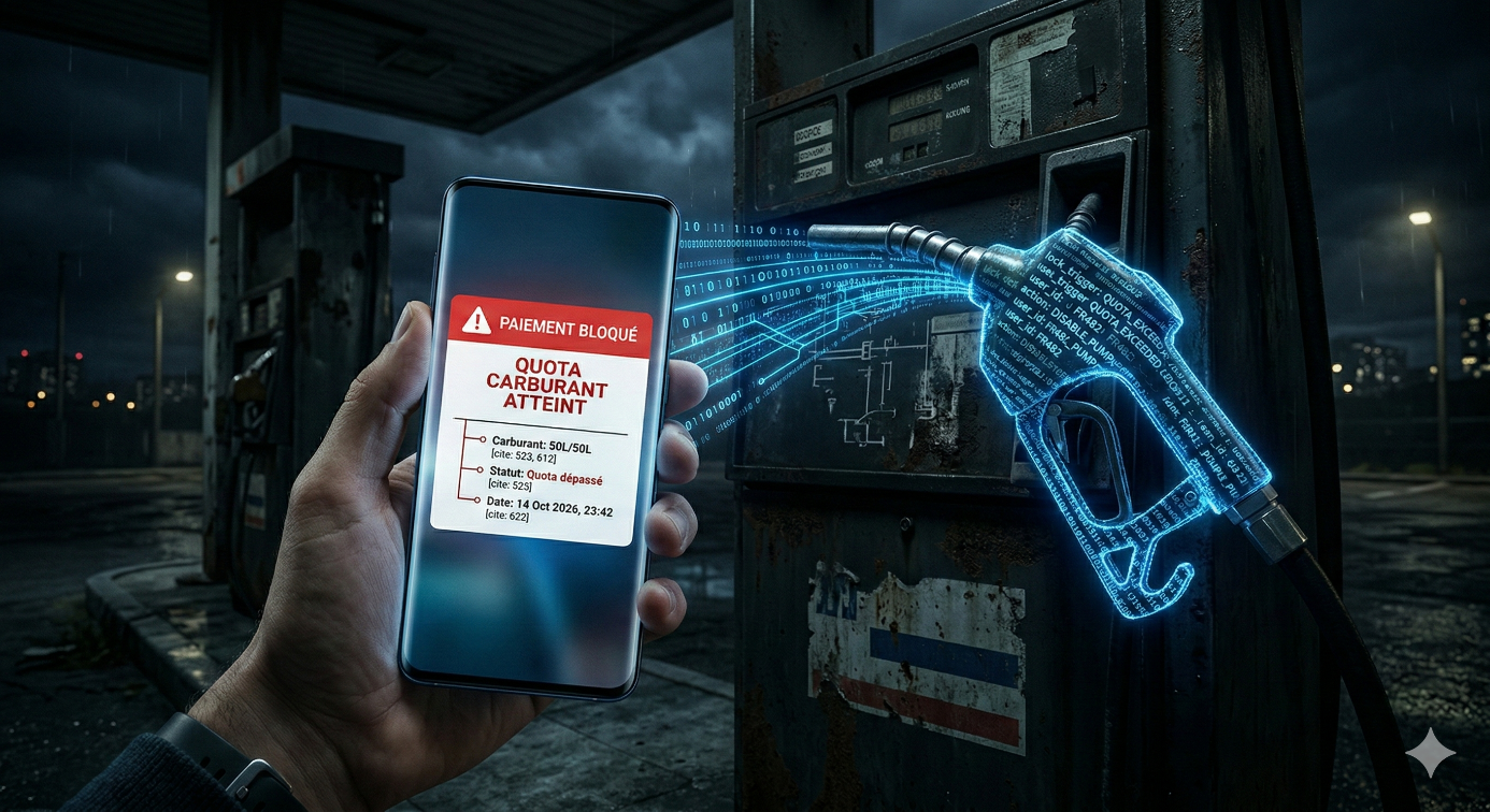 Illustration d'une main tenant un smartphone devant une pompe à essence ancienne dans une station-service sombre. L'écran du téléphone affiche une alerte rouge : "PAIEMENT BLOQUÉ : QUOTA CARBURANT ATTEINT", indiquant que le plafond de 50L a été dépassé. Des lignes de code bleues fluorescentes et du texte binaire s'échappent du smartphone pour verrouiller numériquement la buse de carburant, matérialisant l'exécution d'un smart contract de la BCE.