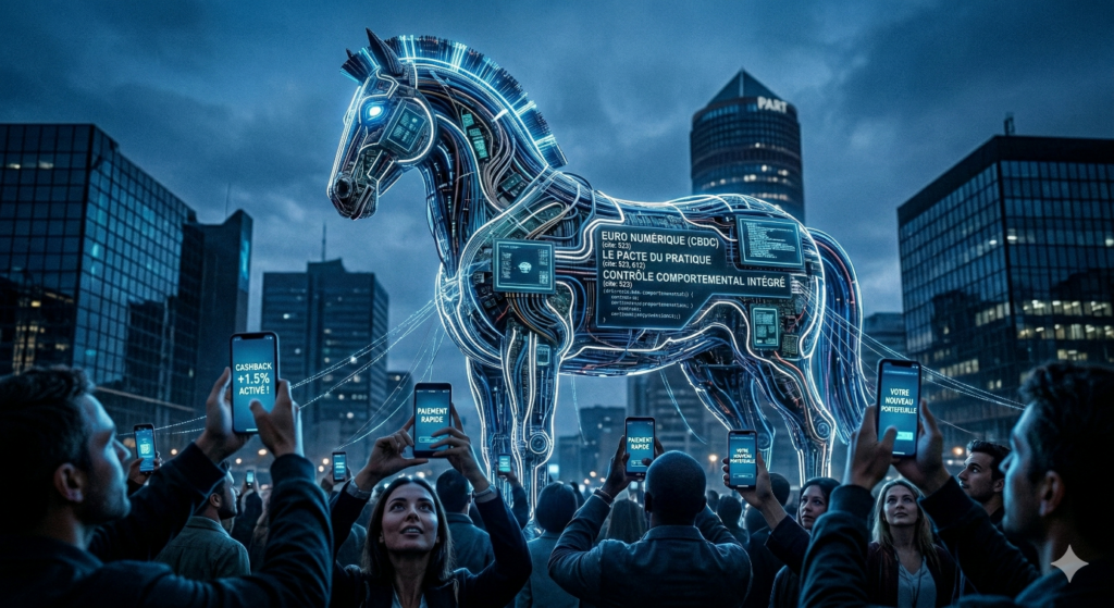 Illustration métaphorique d'un cheval de Troie géant construit en circuits imprimés et néons bleus au centre de Lyon Part-Dieu. Une foule de citoyens entoure la structure, brandissant des smartphones qui affichent des messages de "CASHBACK +1.5%" et "PAIEMENT RAPIDE". Sur le flanc du cheval, des écrans intégrés révèlent la face cachée : "EURO NUMÉRIQUE (CBDC)" et "CONTRÔLE COMPORTEMENTAL INTÉGRÉ", illustrant le piège de la commodité numérique.
