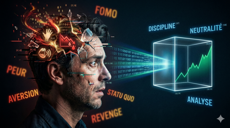 Illustration conceptuelle montrant le profil d'un investisseur dont le cerveau est "fracturé" par le chaos émotionnel et les biais cognitifs (FOMO, Peur, Vengeance). Des icônes symbolisent l'effet de troupeau et le biais de confirmation. Un faisceau de code binaire relie son regard à un cube bleu transparent représentant l'IA. À l'intérieur de ce cube, un graphique boursier grimpe de façon stable, entouré des mots "DISCIPLINE", "NEUTRALITÉ" et "ANALYSE", illustrant comment l'outil technologique neutralise les faiblesses biologiques pour stabiliser les performances.