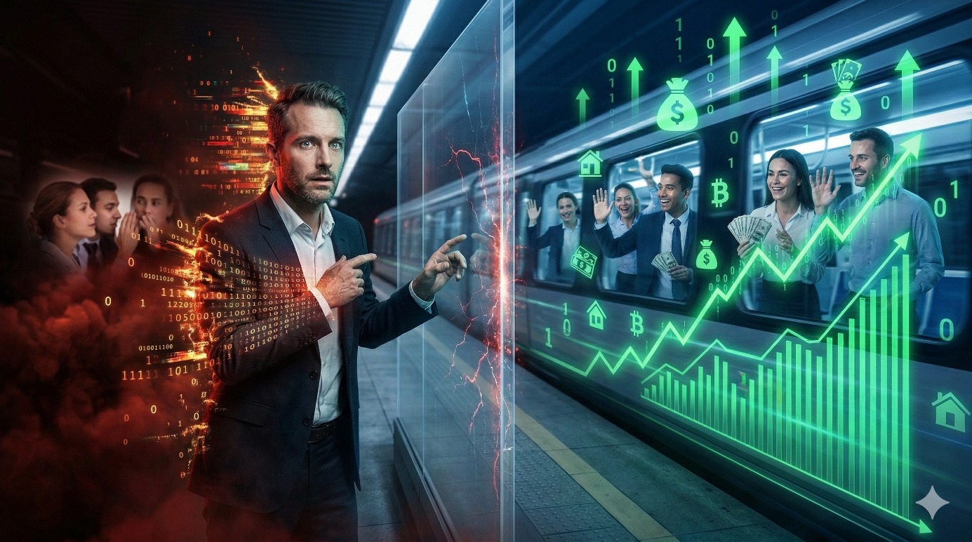 Illustration du biais FOMO (Peur de rater le train). Un homme à l'allure anxieuse, dont le corps se dissout partiellement en code binaire, se tient sur un quai de gare sombre. Il pointe du doigt une paroi vitrée derrière laquelle un train illuminé de vert transporte des passagers euphoriques qui célèbrent leur réussite financière en brandissant des billets. Des graphiques boursiers ascendants, des symboles de sacs d'argent et de cryptomonnaies brillent intensément à l'intérieur du train. Dans l'ombre, à gauche, un groupe de personnes observe et chuchote, renforçant le sentiment d'isolement social et de pression liés à l'enrichissement des autres.