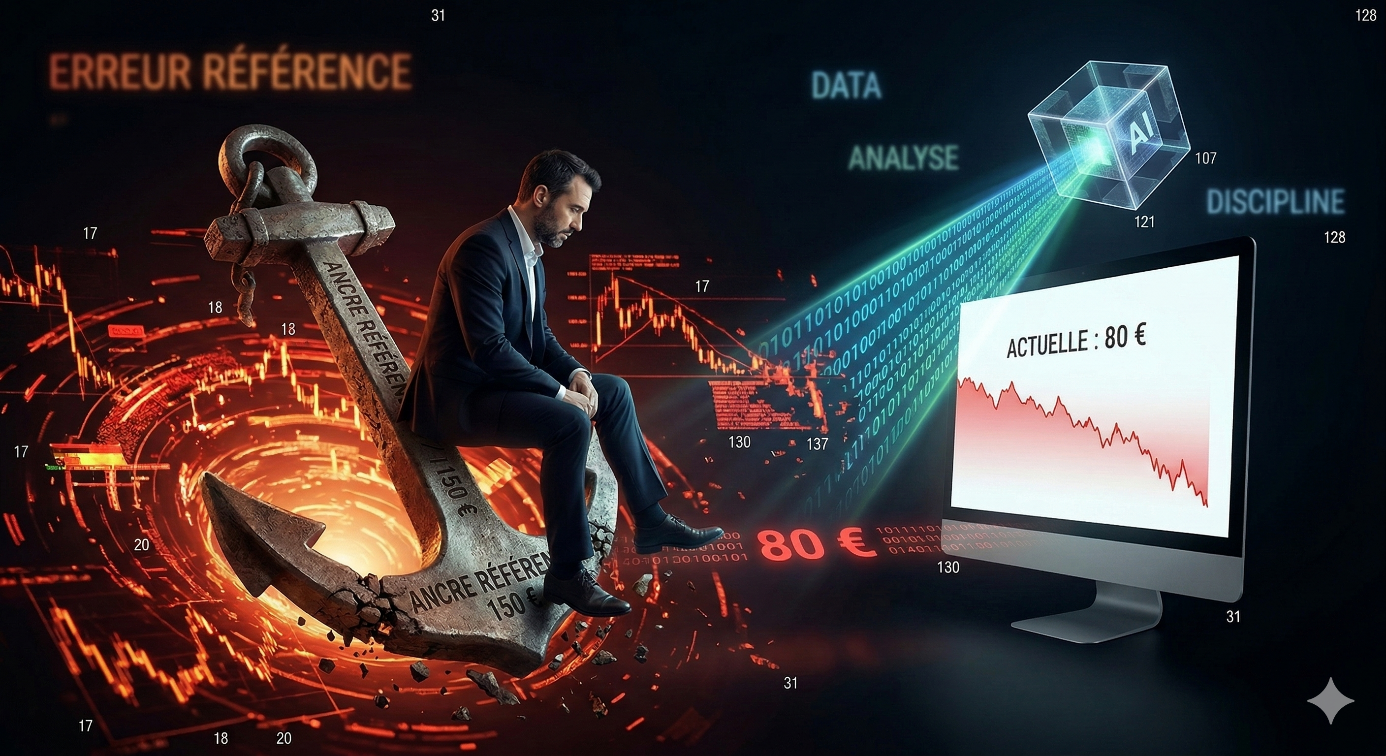 Illustration du biais d'ancrage montrant un investisseur assis, prostré, sur une lourde ancre métallique marquée « ANCRE RÉFÉRENCE 150 € ». L'ancre est enfoncée dans un vortex de graphiques boursiers rouges et chaotiques, symbolisant la manière dont le cerveau s'accroche à un prix d'achat passé comme à une bouée de sauvetage. À droite, un écran de contrôle affiche la réalité brutale du marché : un graphique en chute libre indiquant « ACTUELLE : 80 € », illustrant que le marché ignore totalement le prix d'entrée de l'investisseur. Un cube d'IA transparent surplombe la scène, projetant un faisceau lumineux vers l'écran pour dissiper le brouillard émotionnel et ramener l'attention sur les chiffres réels et la discipline.