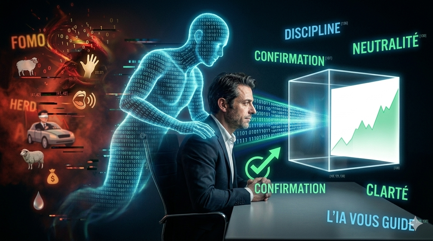 Un investisseur calme est secondé par une silhouette holographique d'IA qui agit comme un miroir pour révéler ses biais et ses incohérences. L'outil remplace la faiblesse émotionnelle par une discipline froide, offrant une clarté et une neutralité décisionnelle face aux graphiques de performance.