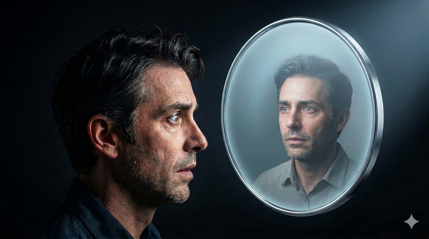 Un homme observe attentivement son reflet dans un miroir circulaire simple, illustrant la leçon finale de l'article : utiliser l'IA non pas comme un oracle pour prédire l'avenir, mais comme un miroir pour identifier ses propres incohérences et décisions guidées par la peur ou la cupidité.