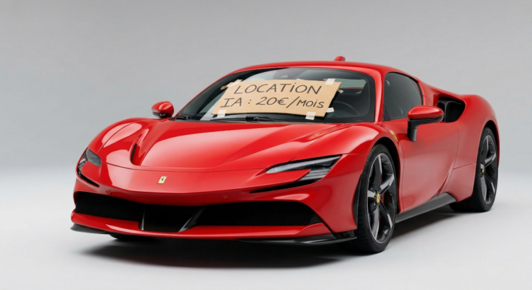 Photographie de studio d'une voiture de sport de luxe Ferrari SF90 Stradale rouge éclatant. Un morceau de carton manuscrit est fixé sur le pare-brise avec du ruban adhésif, portant le texte français : "LOCATION IA : 20€ / mois". L'image illustre visuellement la métaphore de l'article comparant le faible abonnement mensuel à l'IA à une Ferrari louée à un prix dérisoire.
