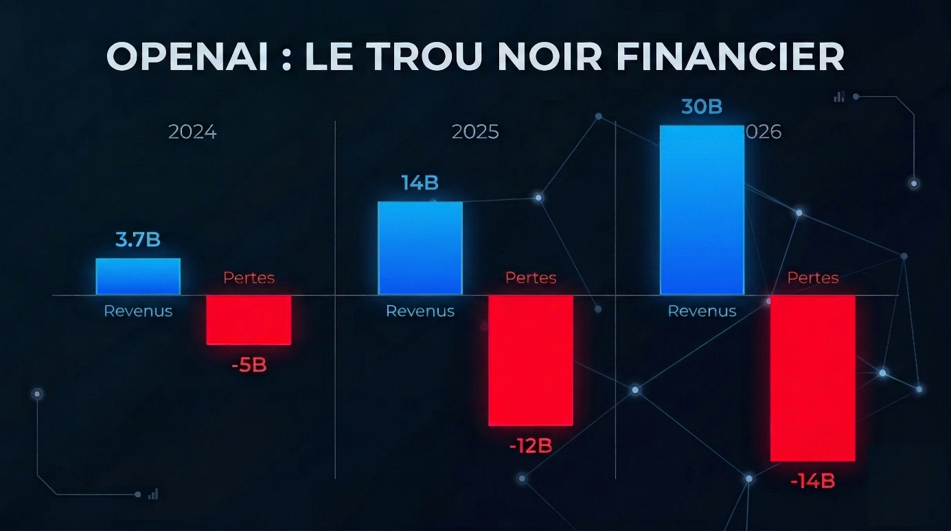 nfographie financière professionnelle sur OpenAI intitulée « OPENAI : LE TROU NOIR FINANCIER ». Un graphique à barres chronologique compare les revenus (en bleu, vers le haut) et les pertes (en rouge, vers le bas) de 2024 à 2026. Les barres des revenus sont : 3.7B en 2024, 14B en 2025 et 30B en 2026. Les barres des pertes sont : -5B en 2024, -12B en 2025 et -14B en 2026. Le fond est sombre et technologique avec des lignes de grille lumineuses et des points de connexion bleus.