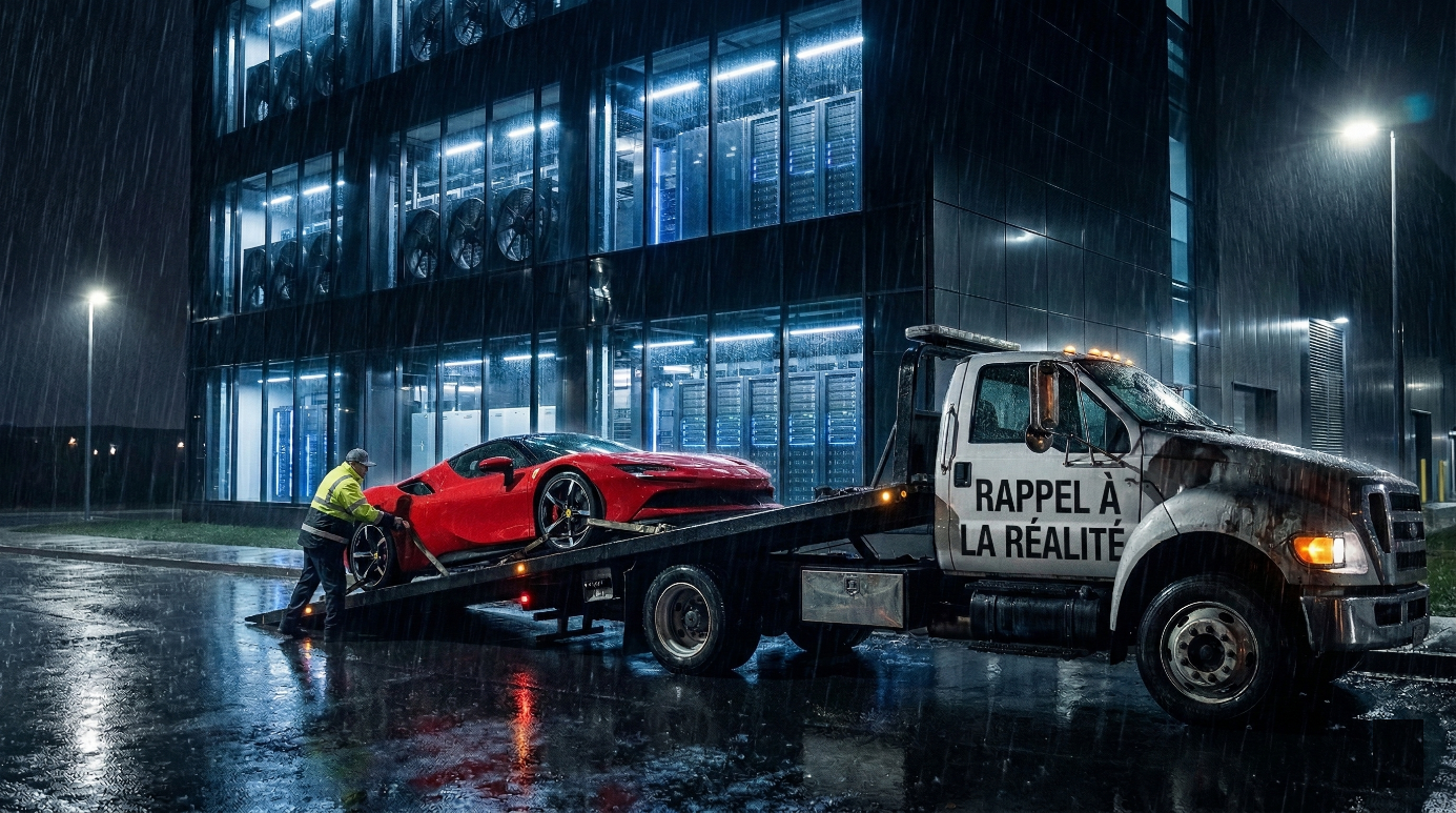 Photographie nocturne sous la pluie d'une dépanneuse portant l'inscription « RAPPEL À LA RÉALITÉ » chargeant une Ferrari rouge devant un data center illuminé. L'image symbolise la fin de la période des prix d'appel et l'augmentation inévitable des tarifs de l'IA à venir.