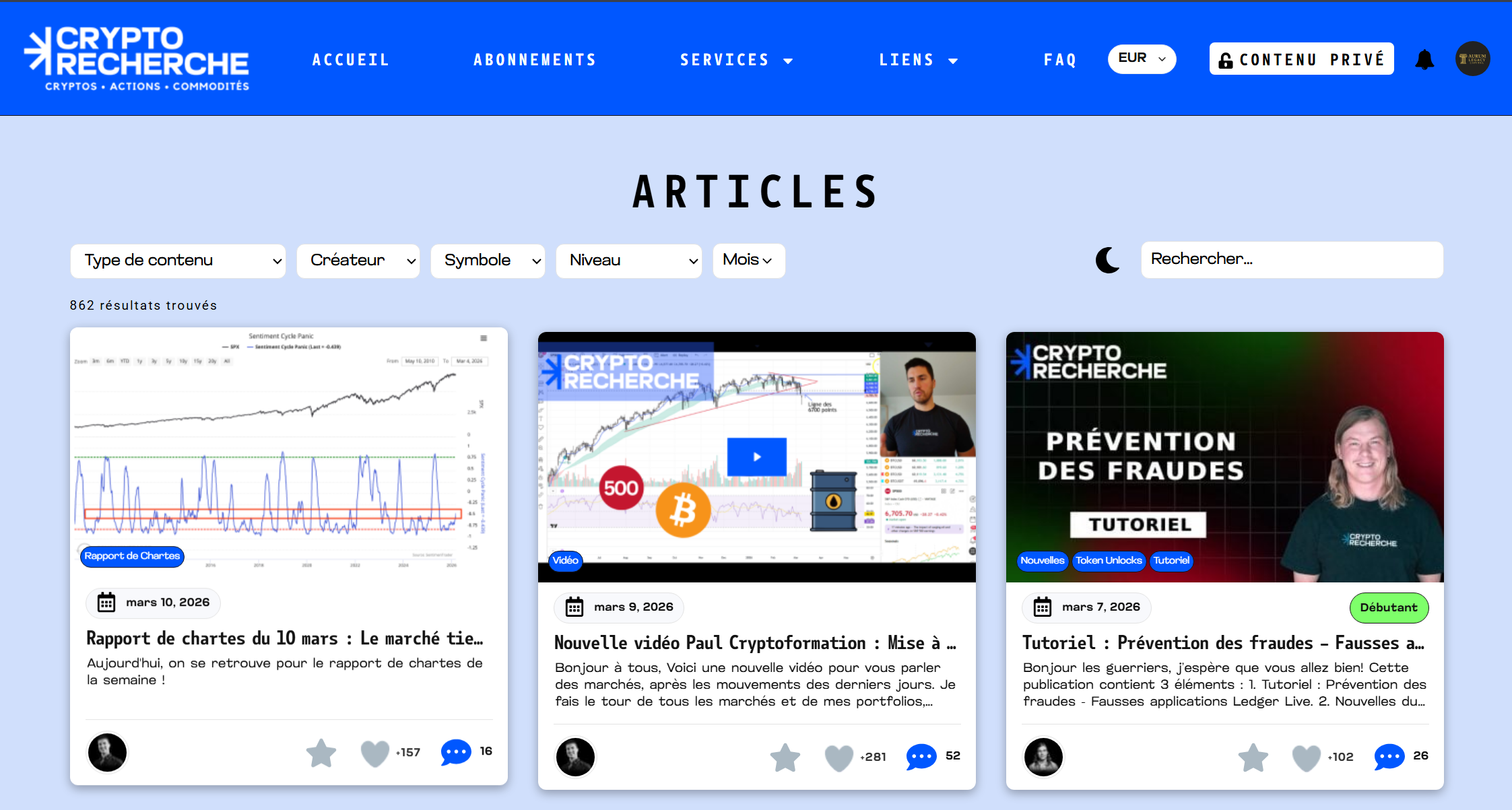 Aperçu de l'espace membre privé avec les rapports et vidéos d'analyse de marché pour illustrer mon avis CryptoRecherche.