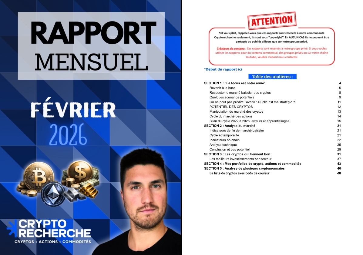 Couverture et sommaire détaillé du rapport mensuel de février 2026, prouvant la densité des analyses pour appuyer mon avis CryptoRecherche.