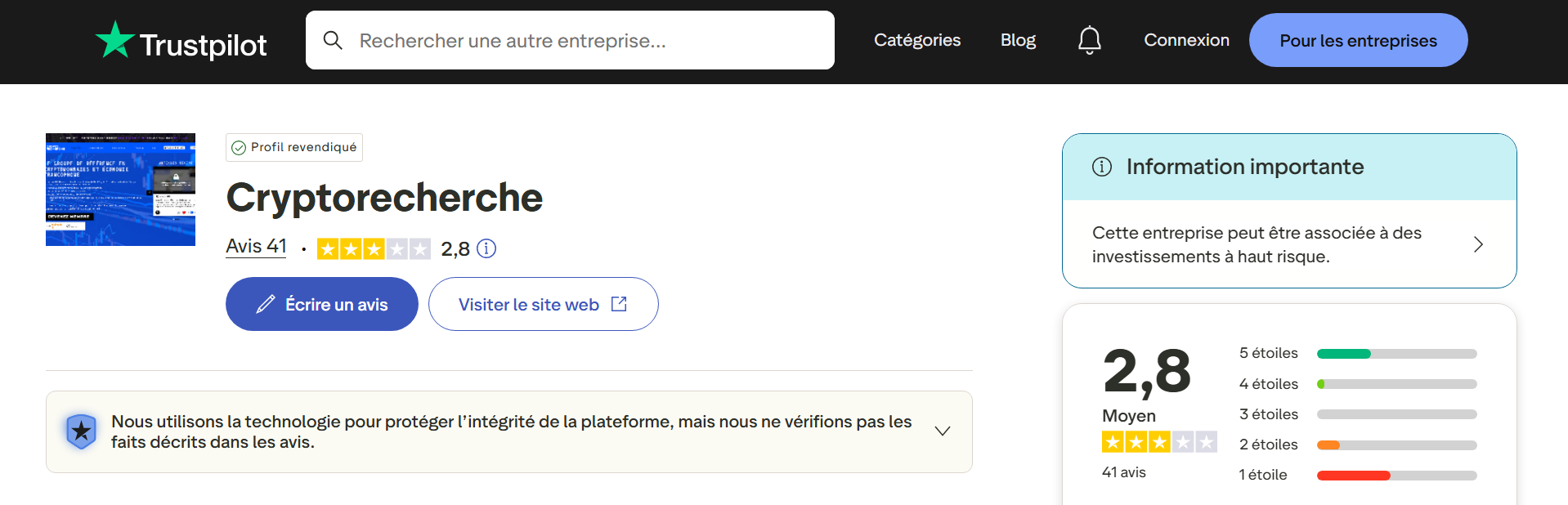Capture d'écran de la page Trustpilot montrant une note moyenne mitigée de 2,8/5, pour appuyer mon avis CryptoRecherche en toute transparence et sans filtre.