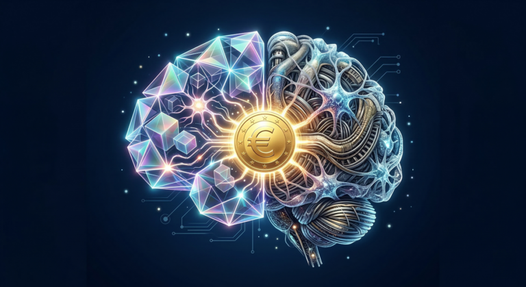 Illustration futuriste d'un cerveau divisé en deux : l'hémisphère gauche est composé de formes géométriques numériques lumineuses, tandis que l'hémisphère droit est fait de câbles métalliques organiques complexes. Au centre, connectant les deux parties, rayonne une pièce d'or portant le symbole de l'Euro.