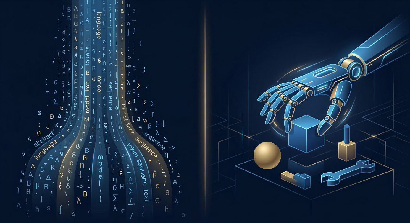 Illustration divisée en deux parties contrastées : à gauche, une cascade lumineuse de lettres et de mots représentant les modèles de langage (LLM) ; à droite, une main robotique manipulant des objets physiques et des outils, symbolisant les IA d'action et les World Models (modèles du monde).