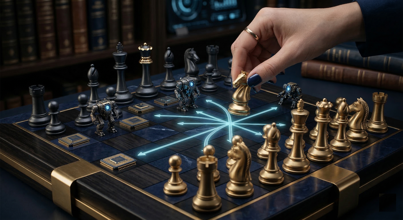Illustration d'un échiquier futuriste où une main humaine déplace un cavalier doré parmi des pièces classiques, de petits robots et des puces électroniques. Des flèches lumineuses bleues tracent de multiples stratégies possibles sur le plateau, symbolisant la capacité de raisonnement et d'anticipation de l'intelligence artificielle.