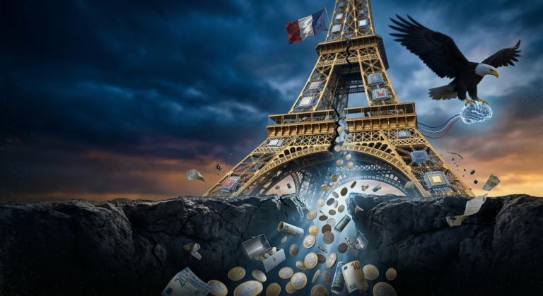 Plongez dans l’analyse Zéro Bullshit de l’allégorie choc de notre article. Cette image puissante révèle la fragilité du modèle français de l'IA (la "Startup Nation") : une Tour Eiffel dorée mais fissurée, ornée de puces, d'où une cascade de milliards d'euros (pièces et billets) tombe dans un gouffre sombre. Pendant ce temps, un aigle américain s’envole triomphalement, s'emparant d'un cerveau artificiel brillant, symbole de l'IA et des talents français. Découvrez pourquoi la France investit massivement mais perd sa valeur au profit des géants américains. Un appel à la lucidité et à la prudence.