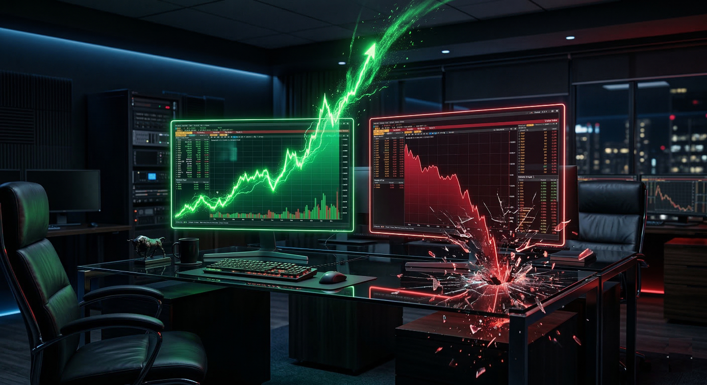 Deux écrans de trading dans un bureau sombre : une courbe verte s'envole vers le plafond tandis qu'une courbe rouge fracasse le bureau en s'effondrant.