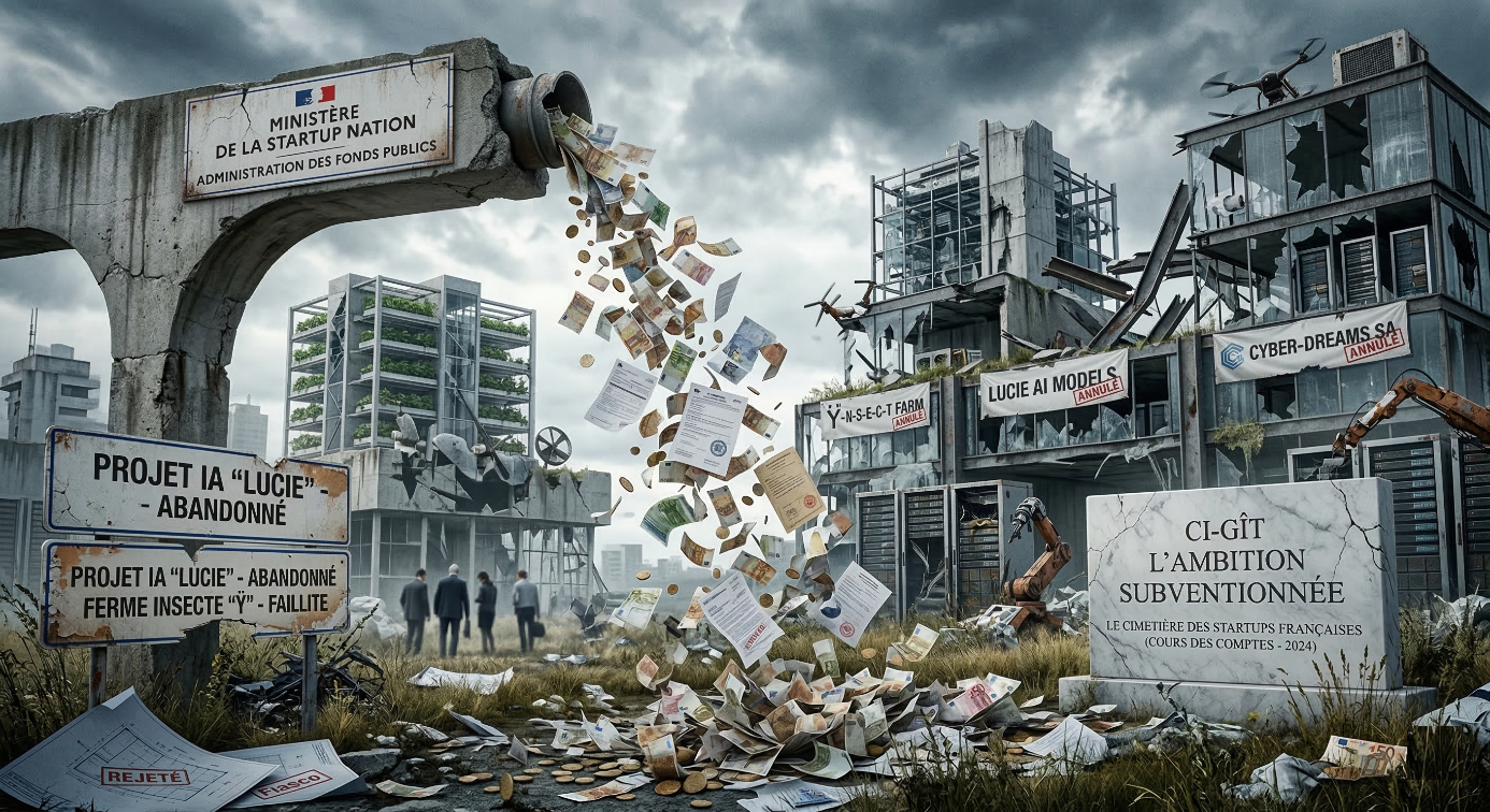 Un paysage industriel en ruines avec des panneaux indiquant les projets abandonnés Lucie et Ynsect. Une canalisation "Ministère de la Startup Nation" déverse des billets de banque sur un tas de déchets papier. Une pierre tombale indique "Ci-gît l'ambition subventionnée".