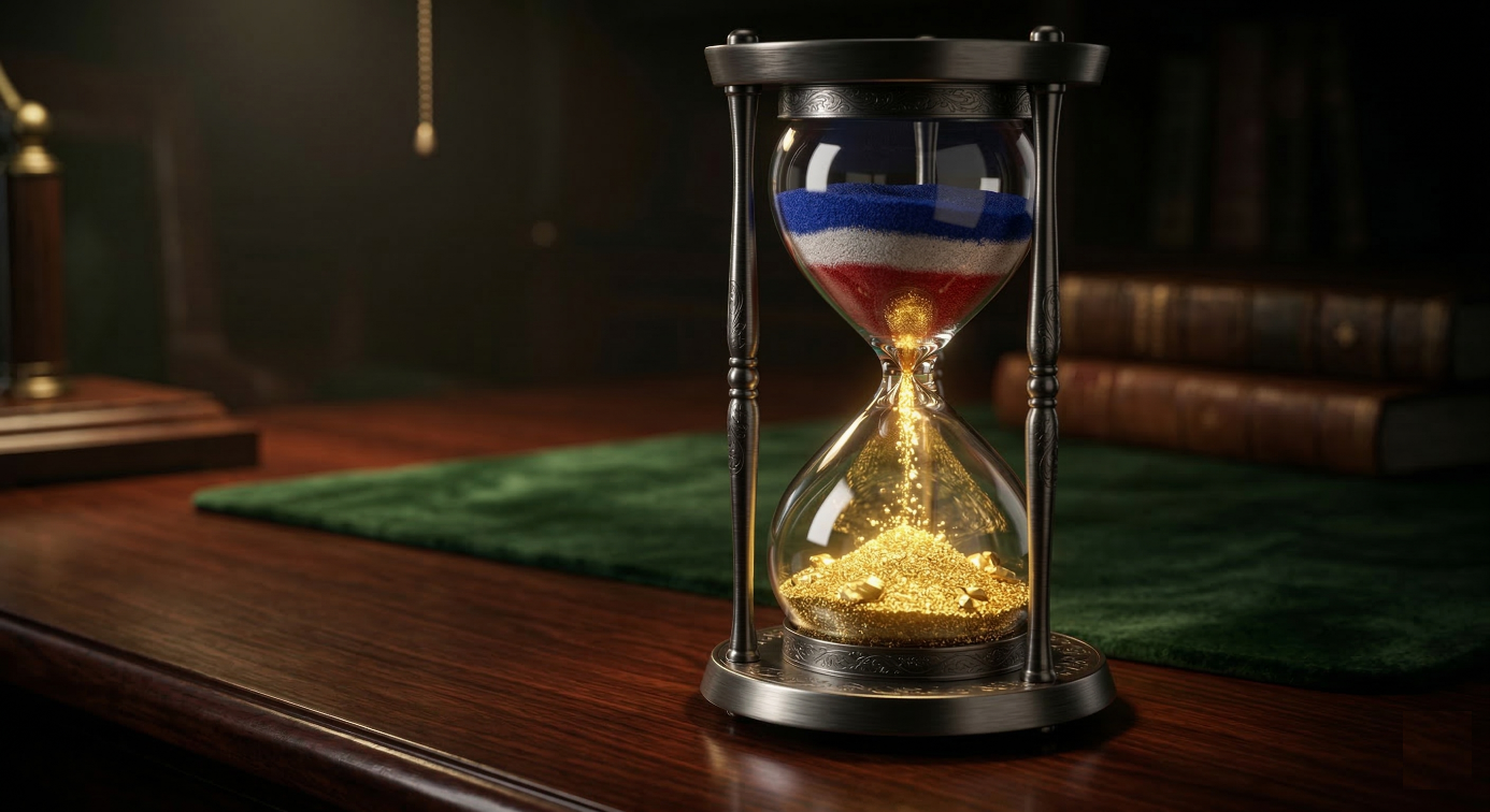 Un sablier élégant sur un bureau en bois. Le sable bleu-blanc-rouge (drapeau français) dans la partie supérieure se transforme en poussière d'or et en pépites en tombant dans la partie inférieure.