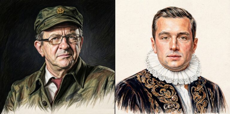 Mélenchon vs Bardella : Une image de diptyque dessinée de manière détaillée aux crayons de couleur, comparant Jean-Luc Mélenchon et Jordan Bardella à travers des portraits symboliques. À gauche, un portrait de Jean-Luc Mélenchon le représente en vieil homme portant une veste de terrain camouflage verte, une casquette militaire ornée d'un insigne soviétique (faucille et marteau) et des lunettes. Son expression est sérieuse, sur un fond sombre. À droite, un portrait de Jordan Bardella le montre en jeune homme vêtu d'une tenue aristocratique ornée du XVIIe siècle, avec une fraise de dentelle élaborée et un pourpoint noir richement brodé de fils d'or, sur un fond clair et texturé.