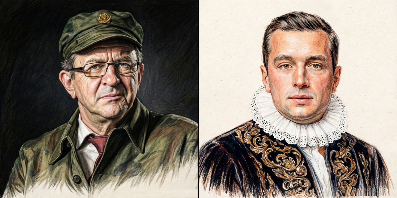 Mélenchon vs Bardella : Une image de diptyque dessinée de manière détaillée aux crayons de couleur, comparant Jean-Luc Mélenchon et Jordan Bardella à travers des portraits symboliques. À gauche, un portrait de Jean-Luc Mélenchon le représente en vieil homme portant une veste de terrain camouflage verte, une casquette militaire ornée d'un insigne soviétique (faucille et marteau) et des lunettes. Son expression est sérieuse, sur un fond sombre. À droite, un portrait de Jordan Bardella le montre en jeune homme vêtu d'une tenue aristocratique ornée du XVIIe siècle, avec une fraise de dentelle élaborée et un pourpoint noir richement brodé de fils d'or, sur un fond clair et texturé.