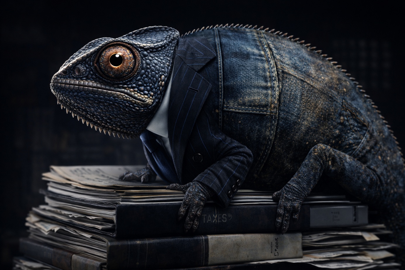 Voici une proposition de description (texte alternatif) pour cette image, parfaite pour illustrer votre passage sur le "caméléon économique" :

Description : Une illustration conceptuelle photoréaliste d'un grand caméléon perché de manière précaire sur une épaisse pile de documents financiers et de vieux registres, dont l'un porte l'inscription "TAXES". Le caméléon possède une peau à la texture hybride et surréaliste : sa moitié avant est habillée d'un élégant costume d'affaires bleu marine à rayures, avec col de chemise et cravate, tandis que sa moitié arrière a l'apparence d'une toile de jean bleue, usée et salie, typique des vêtements de travail ouvriers. L'éclairage de studio, sombre et dramatique, met en valeur l'œil vif du reptile. Cette image symbolise la dualité et le grand écart d'un programme économique, partagé entre le monde de l'entreprise et la classe ouvrière.