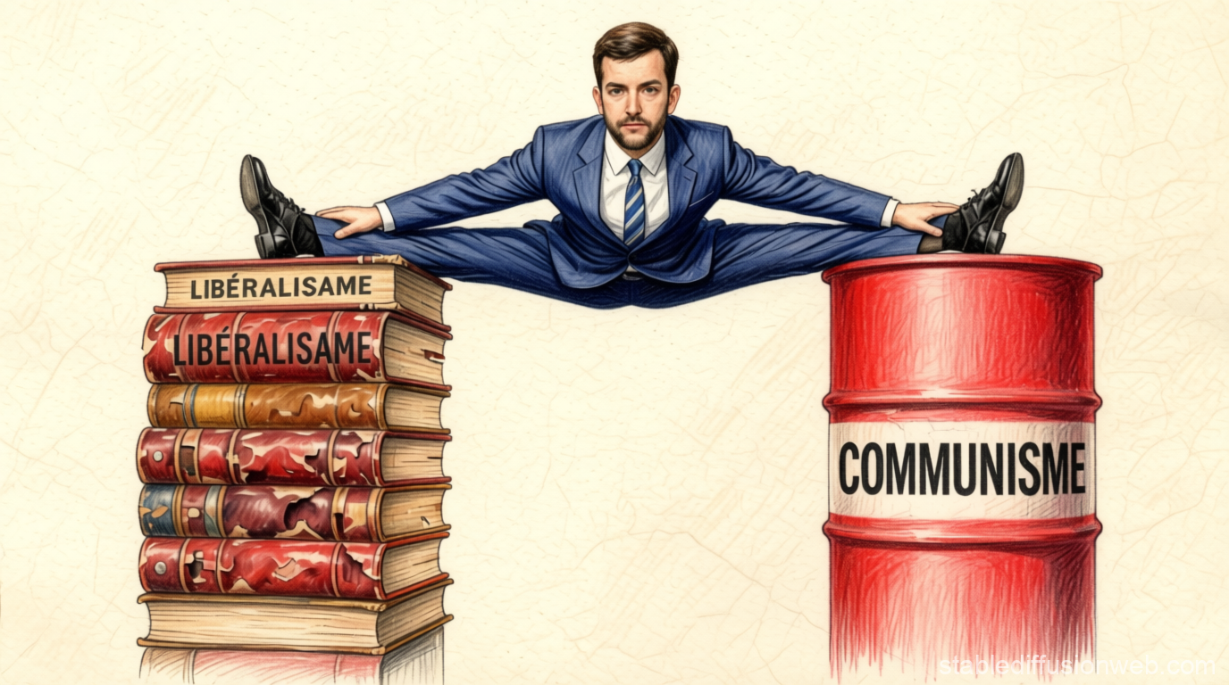 Une illustration éditoriale de Jean-Philippe Tanguy, député RN, réalisant un grand écart facial de manière très sérieuse en costume cravate. Son pied droit repose sur une pile de vieux livres portant la mention "LIBÉRALISME", tandis que son pied gauche est en équilibre sur un baril industriel rouge estampillé "COMMUNISME". L'image symbolise le paradoxe et l'instabilité de son positionnement économique.