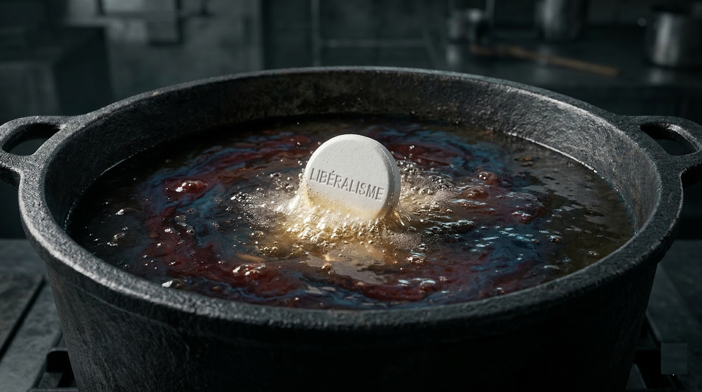 Une photographie conceptuelle en gros plan montrant un gros comprimé effervescent blanc, gravé du mot "LIBÉRALISME", jeté au centre d'une lourde marmite en fonte noire. Le comprimé se dissout rapidement dans une "soupe" sombre, trouble et bouillonnante aux reflets rougeâtres et bleutés. Il émet une faible effervescence dorée, immédiatement engloutie par la masse sombre du liquide. L'image illustre métaphoriquement la dilution de la droite libérale (incarnée par Éric Ciotti) au sein du programme économique du Rassemblement National.