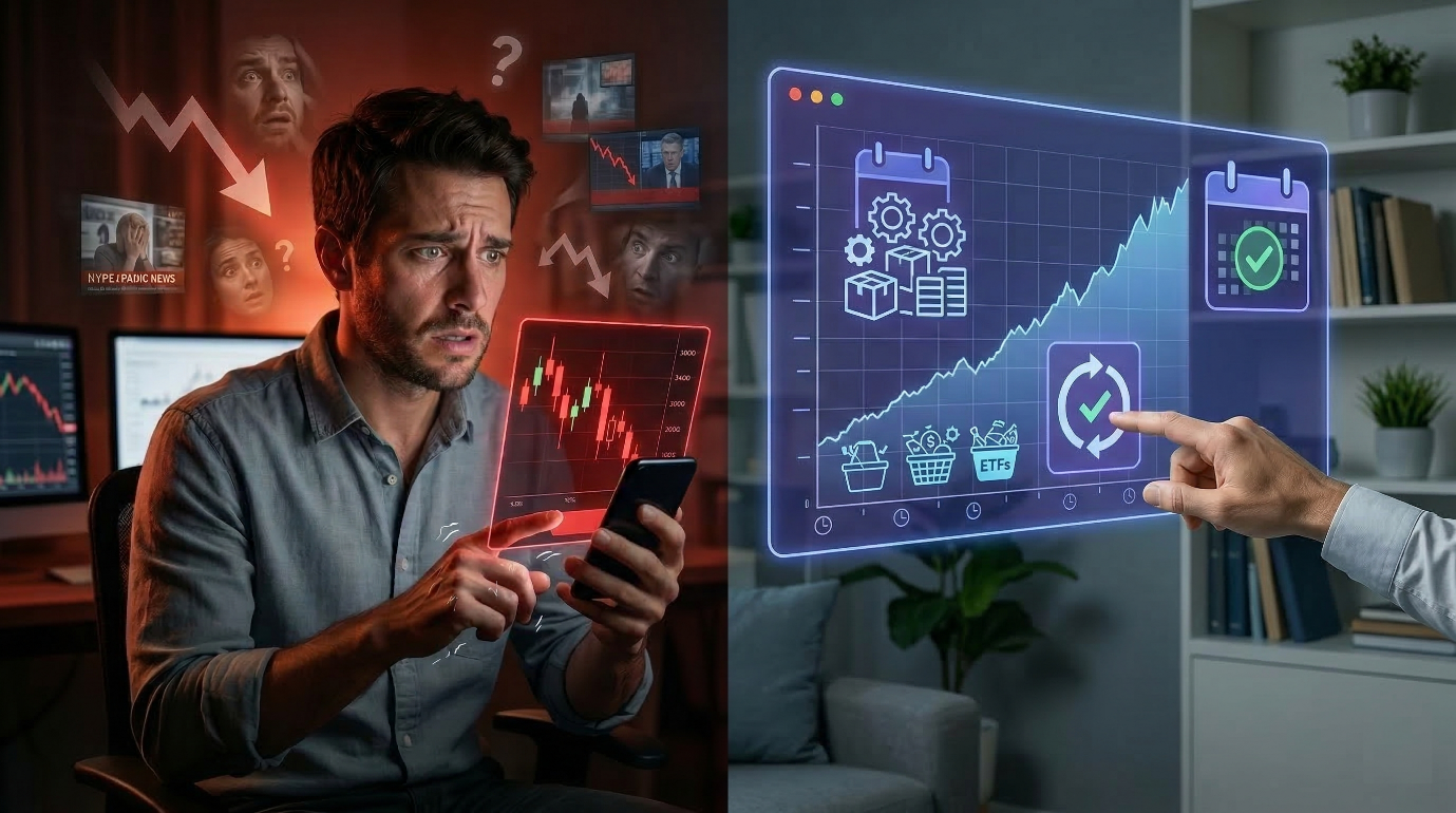 Illustration de la finance comportementale : à gauche, un investisseur humain angoissé prenant des décisions émotionnelles face à la chute des marchés boursiers ; à droite, un système d'investissement automatisé et passif en ETF (DCA) géré froidement par une IA.