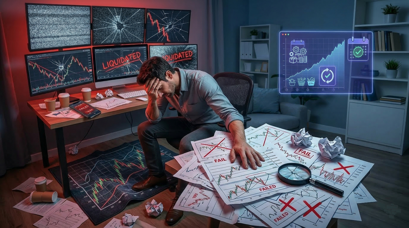 Un trader humain épuisé et "liquidé" au milieu de ses écrans rouges et de ses graphiques d'analyse technique raturés, contrastant avec l'interface sereine et haussière d'un système d'investissement automatisé (DCA).